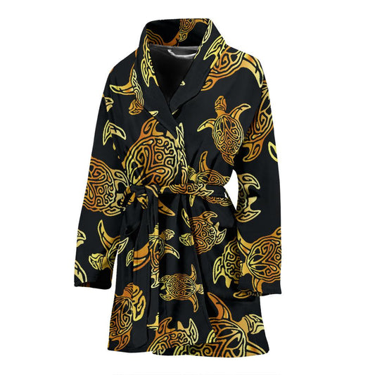 Gold Tribal Turtle Polynesian Themed Women Bath Robe-JTAMIGO.COM