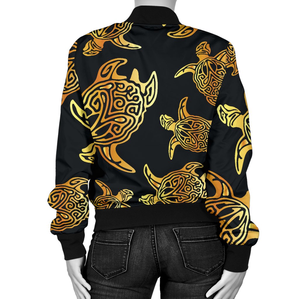 Gold Tribal Turtle Polynesian Themed Women Casual Bomber Jacket