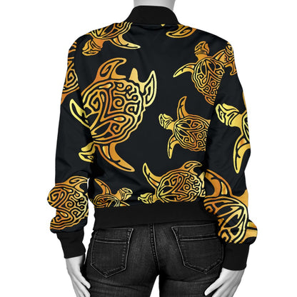 Gold Tribal Turtle Polynesian Themed Women Casual Bomber Jacket