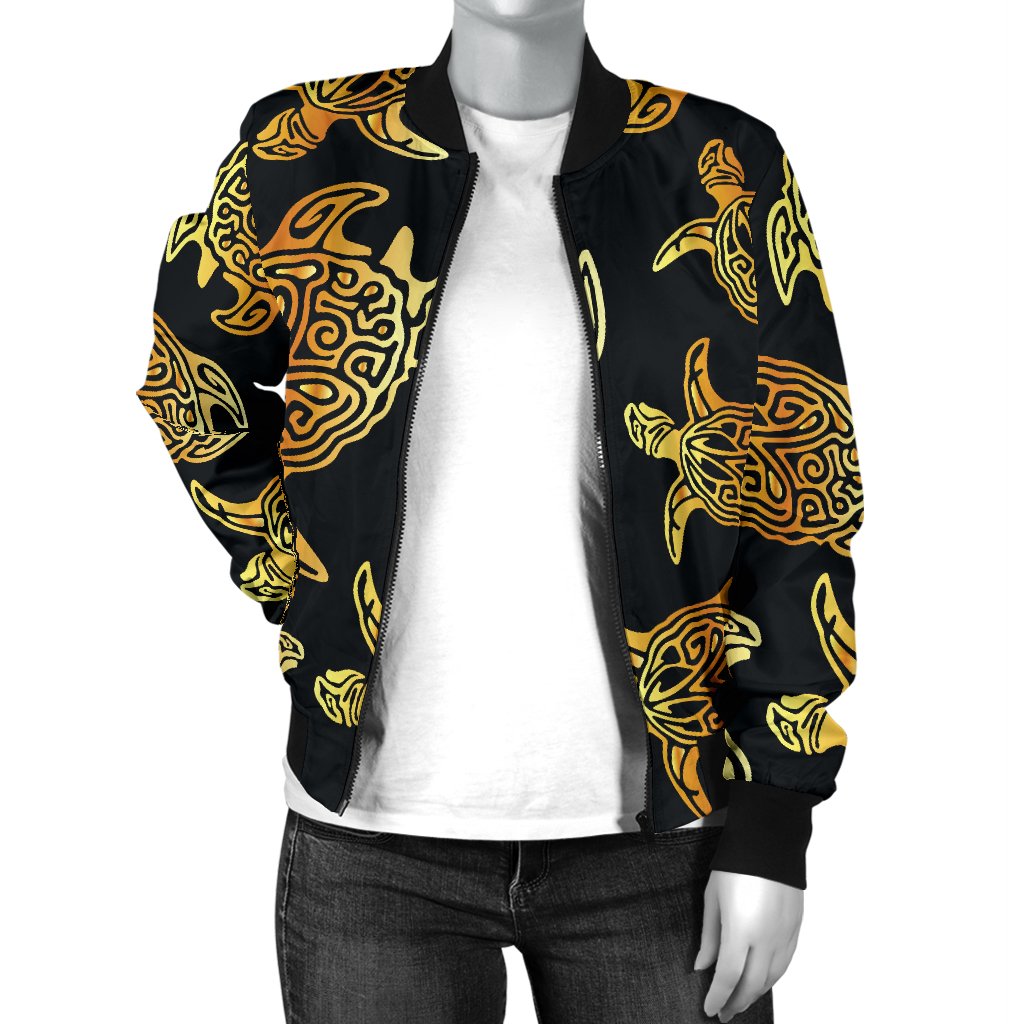 Gold Tribal Turtle Polynesian Themed Women Casual Bomber Jacket