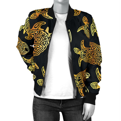 Gold Tribal Turtle Polynesian Themed Women Casual Bomber Jacket