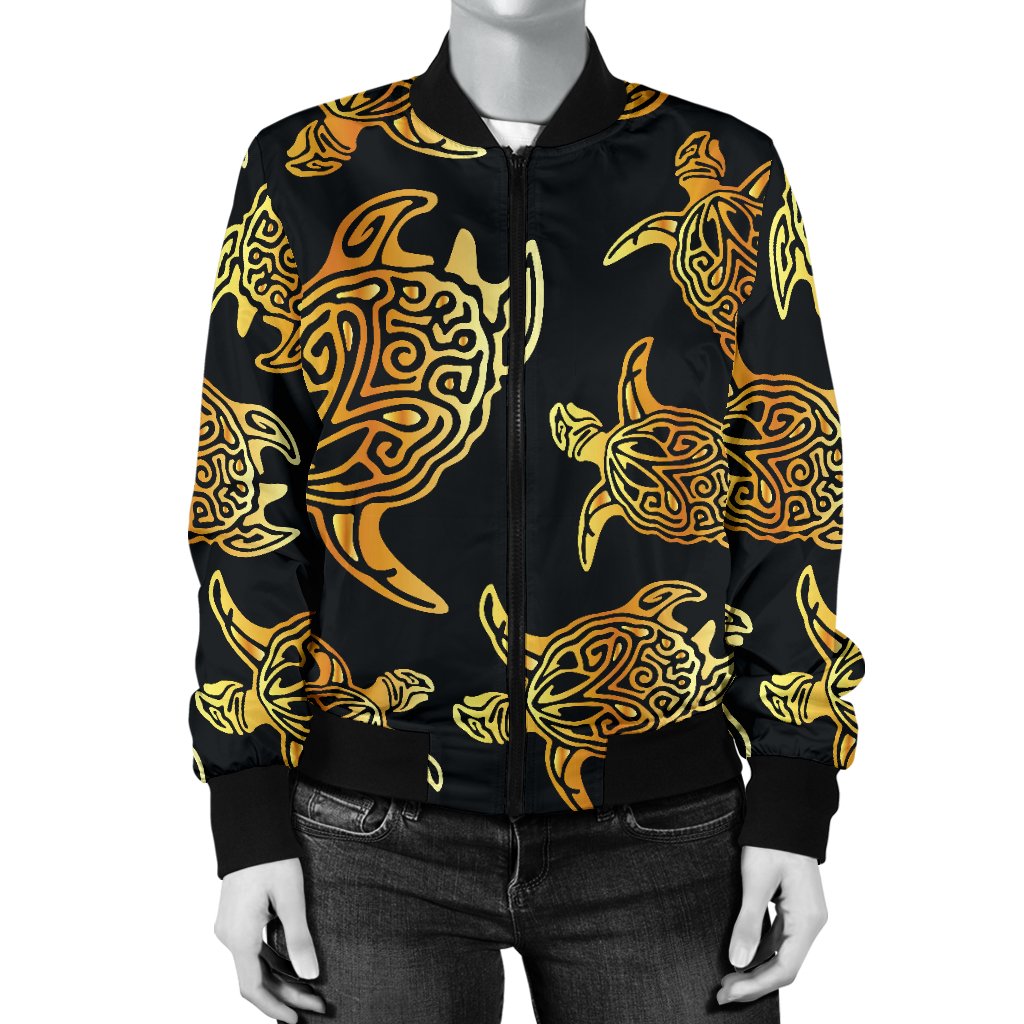 Gold Tribal Turtle Polynesian Themed Women Casual Bomber Jacket