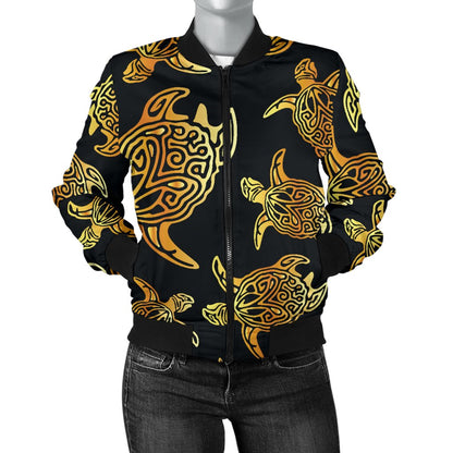 Gold Tribal Turtle Polynesian Themed Women Casual Bomber Jacket