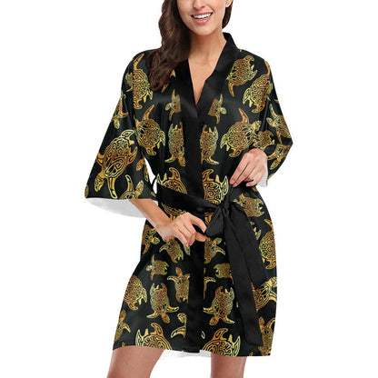 Gold Tribal Turtle Polynesian Themed Women Short Kimono Robe