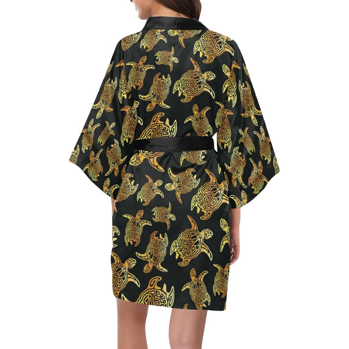 Gold Tribal Turtle Polynesian Themed Women Short Kimono Robe