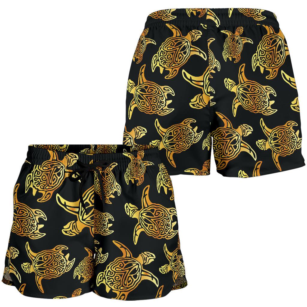 Gold Tribal Turtle Polynesian Themed Women Shorts-JTAMIGO.COM