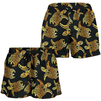 Gold Tribal Turtle Polynesian Themed Women Shorts-JTAMIGO.COM