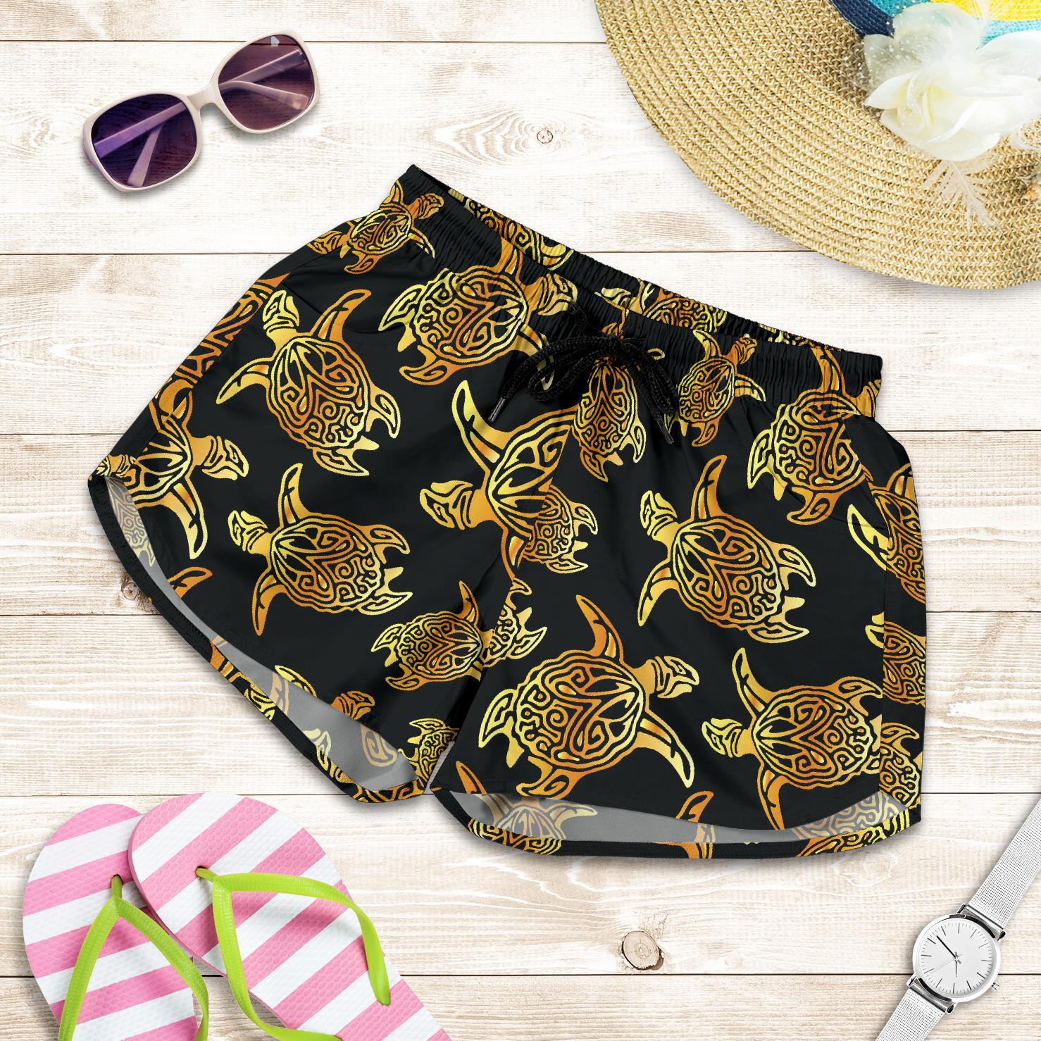 Gold Tribal Turtle Polynesian Themed Women Shorts-JTAMIGO.COM