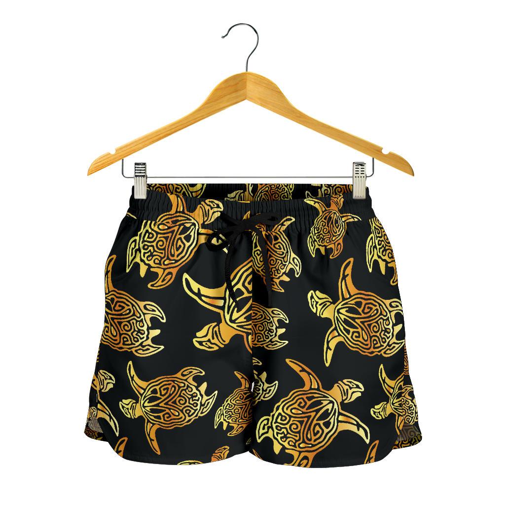 Gold Tribal Turtle Polynesian Themed Women Shorts-JTAMIGO.COM