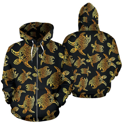 Gold Tribal Turtle Polynesian Themed Zip Up Hoodie