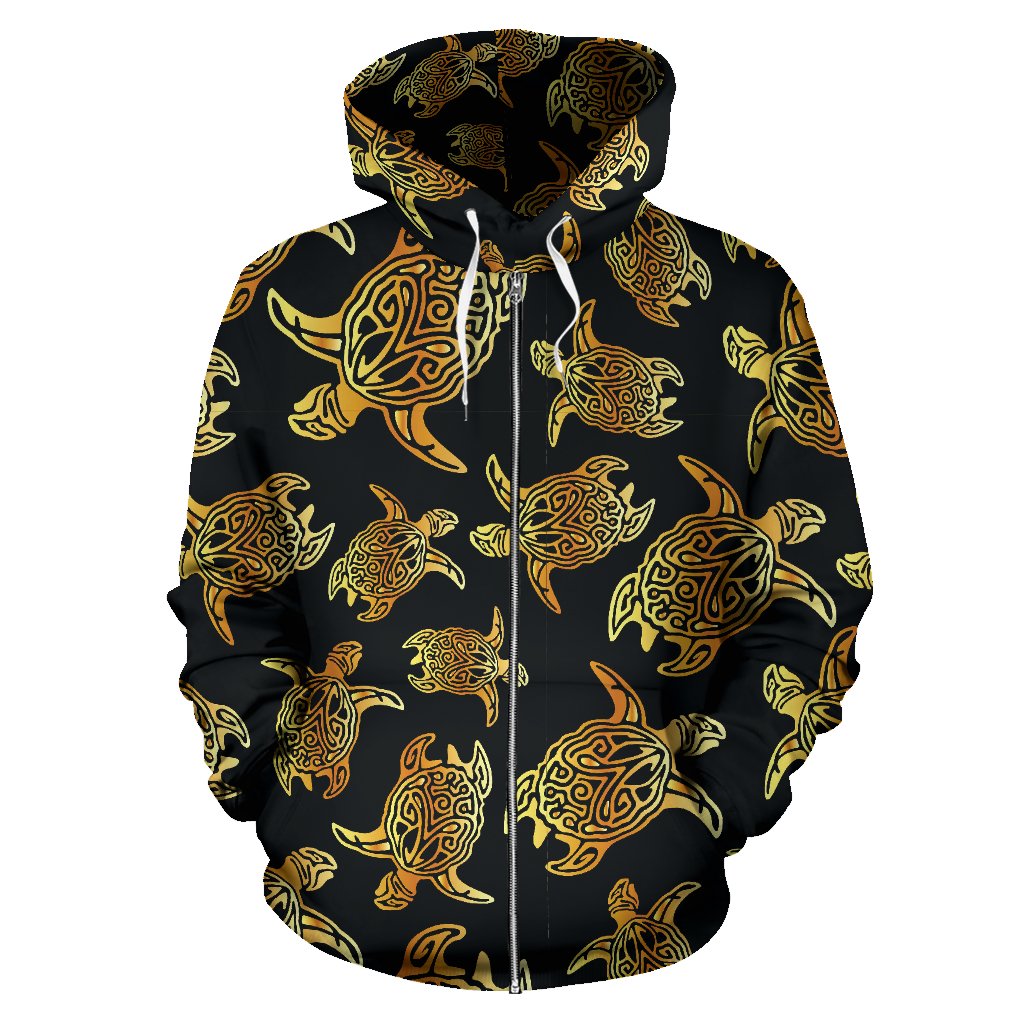 Gold Tribal Turtle Polynesian Themed Zip Up Hoodie