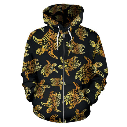 Gold Tribal Turtle Polynesian Themed Zip Up Hoodie