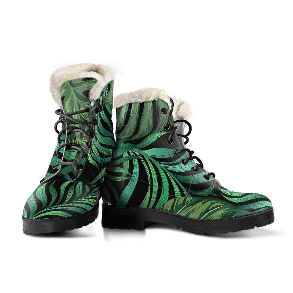 Green Fresh Tropical Palm Leaves Faux Fur Leather Boots-JTAMIGO.COM