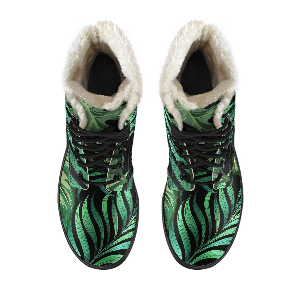 Green Fresh Tropical Palm Leaves Faux Fur Leather Boots-JTAMIGO.COM