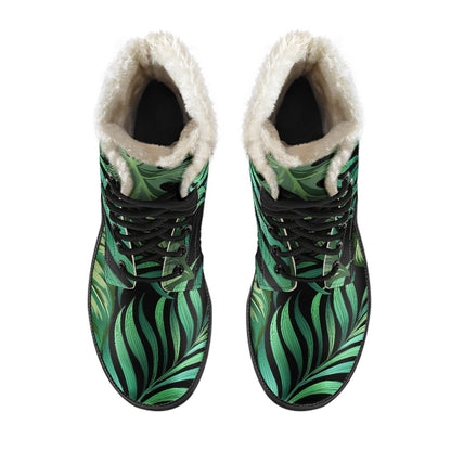 Green Fresh Tropical Palm Leaves Faux Fur Leather Boots-JTAMIGO.COM