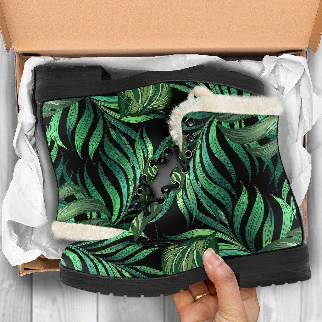 Green Fresh Tropical Palm Leaves Faux Fur Leather Boots-JTAMIGO.COM