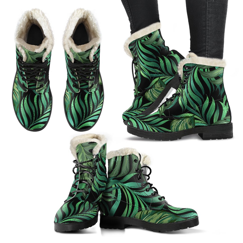 Green Fresh Tropical Palm Leaves Faux Fur Leather Boots-JTAMIGO.COM