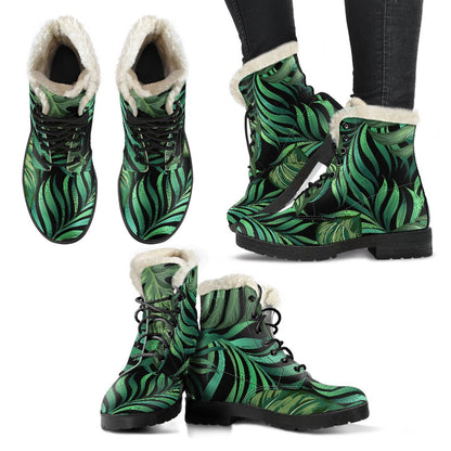 Green Fresh Tropical Palm Leaves Faux Fur Leather Boots-JTAMIGO.COM