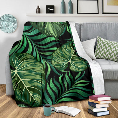 Green Fresh Tropical Palm Leaves Fleece Blanket