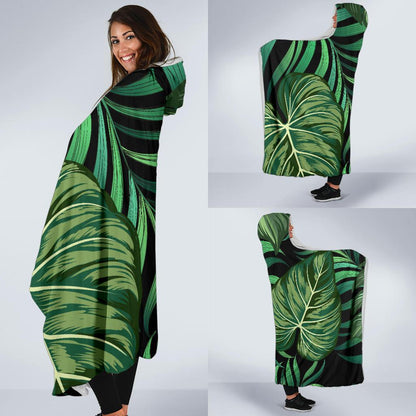Green Fresh Tropical Palm Leaves Hooded Blanket-JTAMIGO.COM