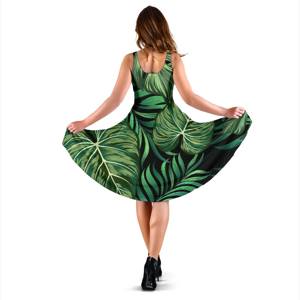 Green Fresh Tropical Palm Leaves Sleeveless Dress