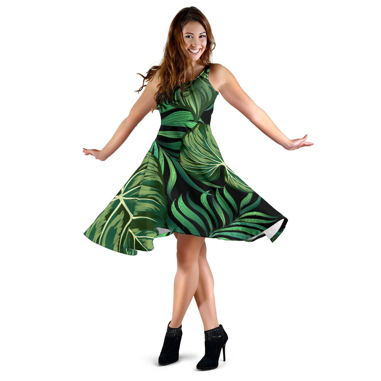 Green Fresh Tropical Palm Leaves Sleeveless Dress
