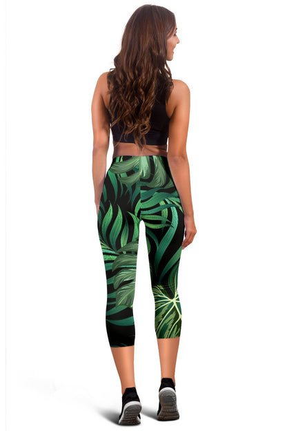 Green Fresh Tropical Palm Leaves Women Capris