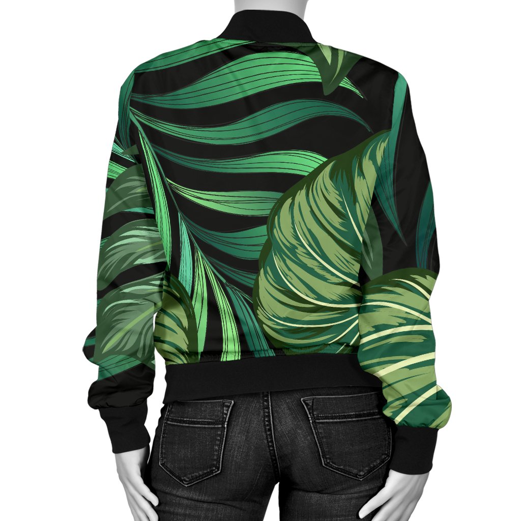 Green Fresh Tropical Palm Leaves Women Casual Bomber Jacket