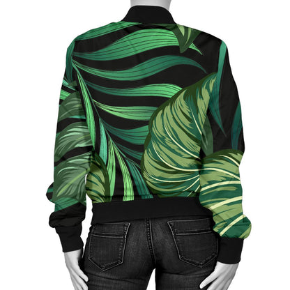 Green Fresh Tropical Palm Leaves Women Casual Bomber Jacket