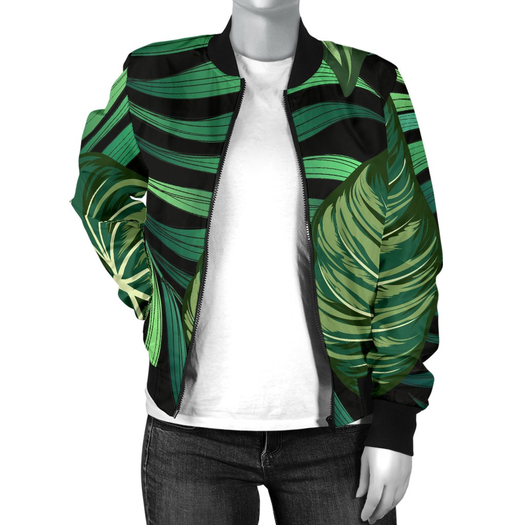 Green Fresh Tropical Palm Leaves Women Casual Bomber Jacket