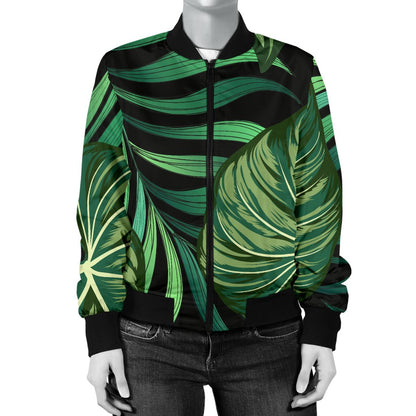 Green Fresh Tropical Palm Leaves Women Casual Bomber Jacket