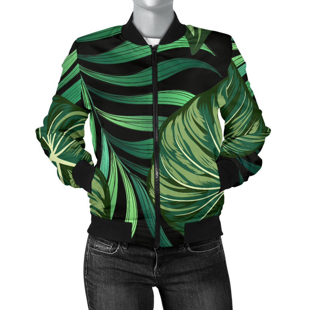 Green Fresh Tropical Palm Leaves Women Casual Bomber Jacket