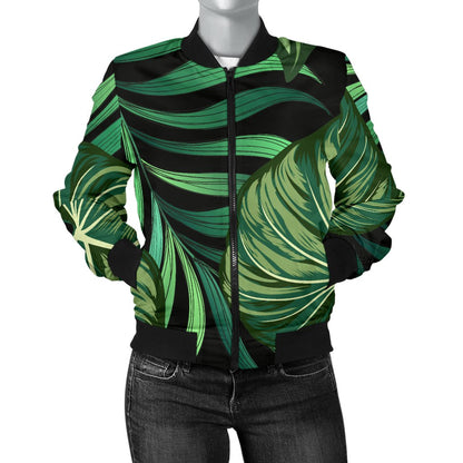 Green Fresh Tropical Palm Leaves Women Casual Bomber Jacket
