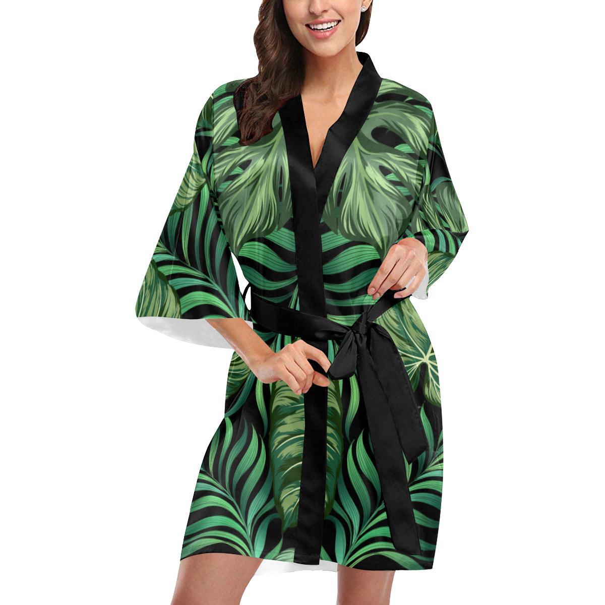 Green Fresh Tropical Palm Leaves Women Short Kimono Robe