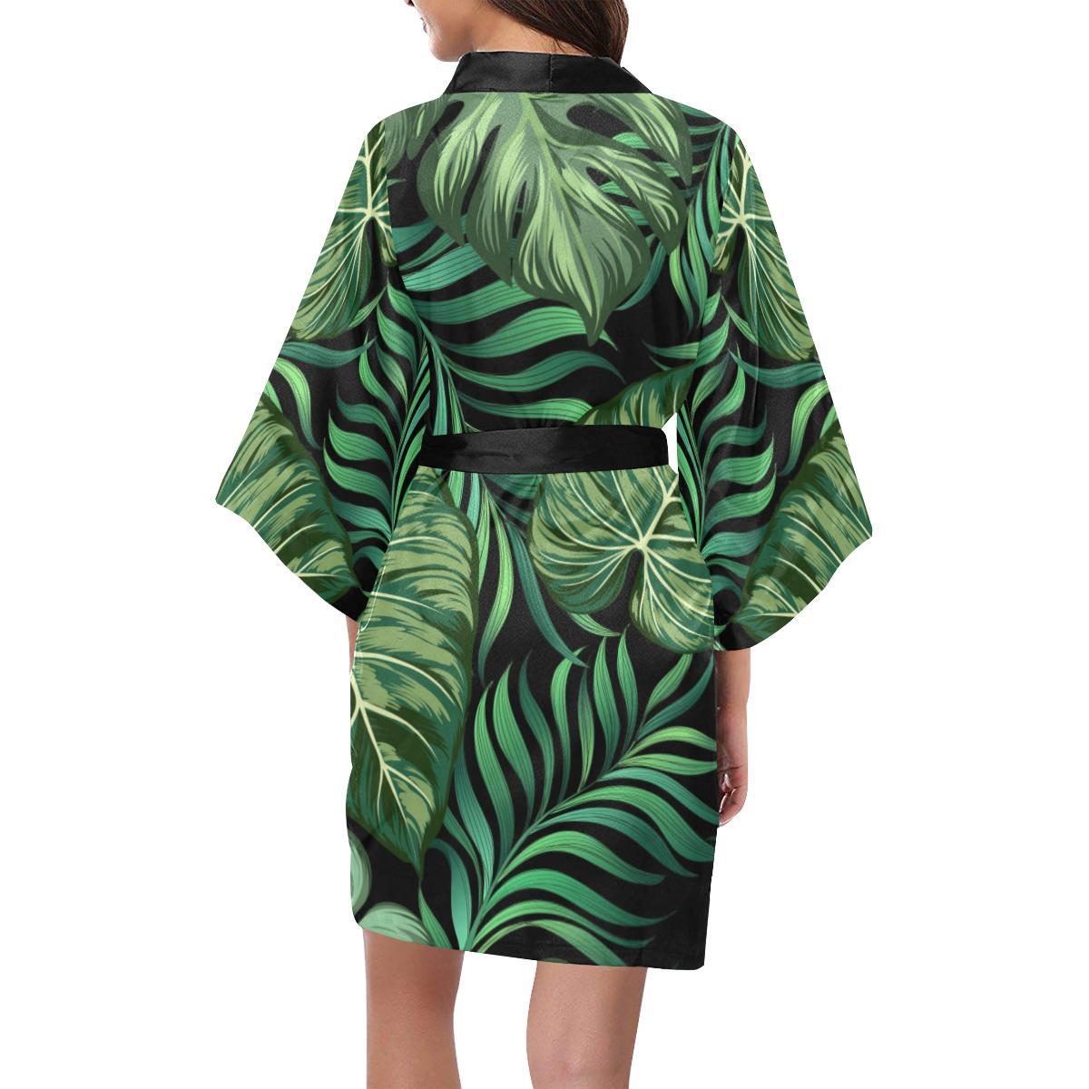 Green Fresh Tropical Palm Leaves Women Short Kimono Robe