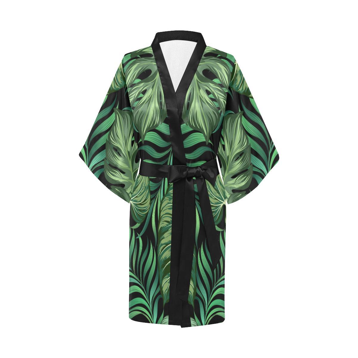 Green Fresh Tropical Palm Leaves Women Short Kimono Robe