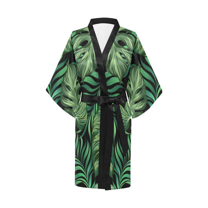 Green Fresh Tropical Palm Leaves Women Short Kimono Robe