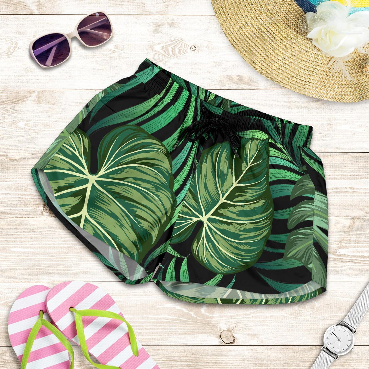 Green Fresh Tropical Palm Leaves Women Shorts-JTAMIGO.COM