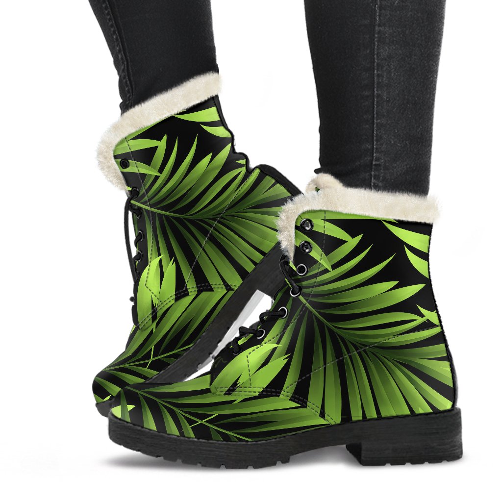 Green Neon Tropical Palm Leaves Faux Fur Leather Boots-JTAMIGO.COM