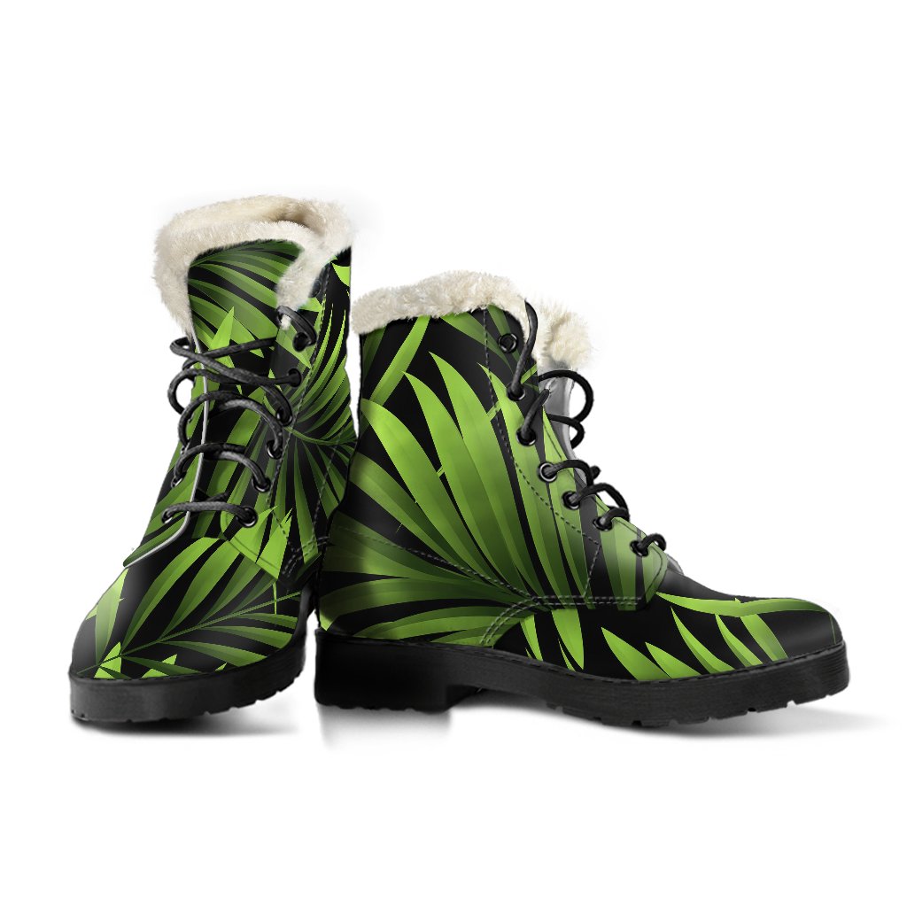 Green Neon Tropical Palm Leaves Faux Fur Leather Boots-JTAMIGO.COM
