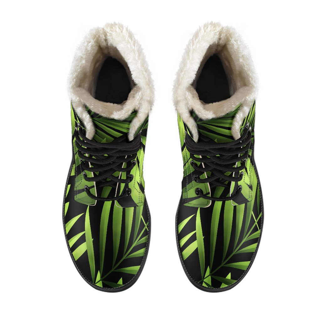 Green Neon Tropical Palm Leaves Faux Fur Leather Boots-JTAMIGO.COM