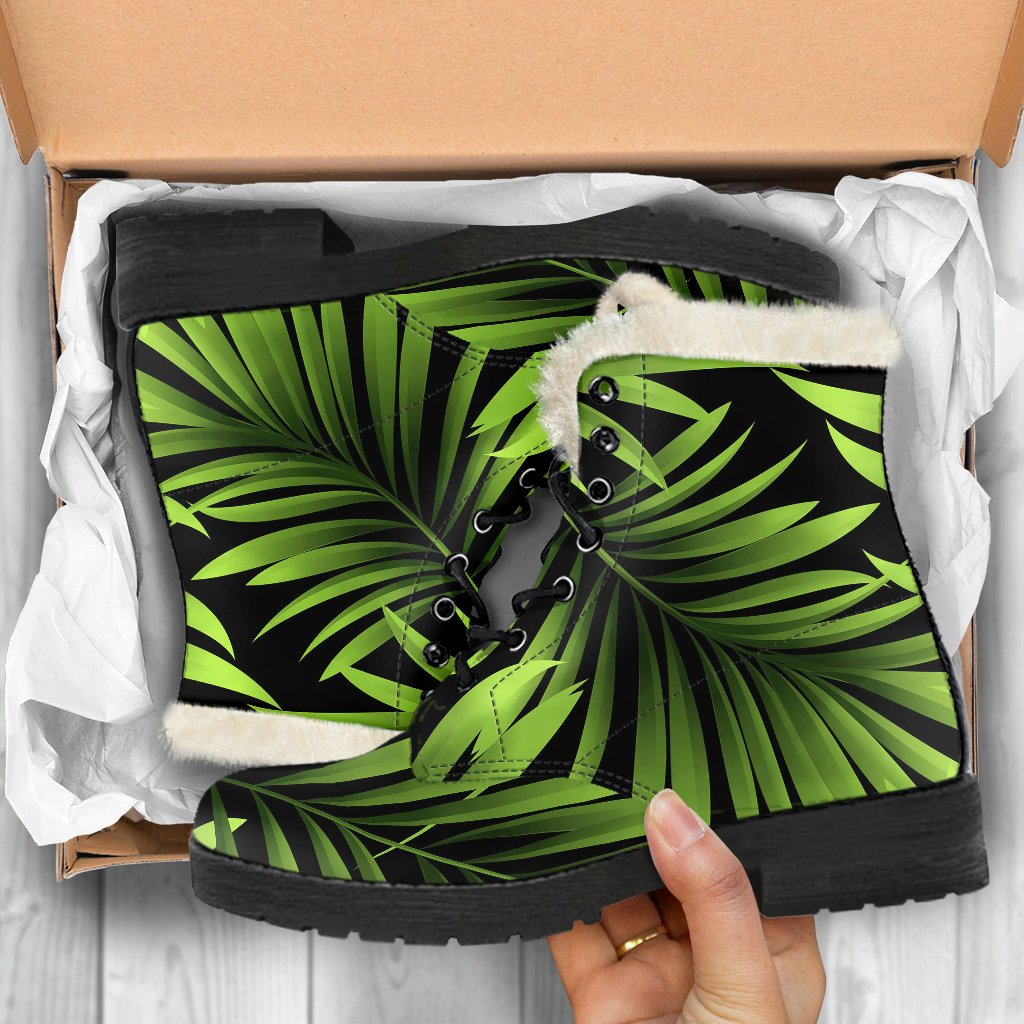 Green Neon Tropical Palm Leaves Faux Fur Leather Boots-JTAMIGO.COM