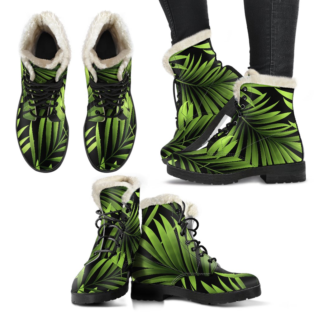 Green Neon Tropical Palm Leaves Faux Fur Leather Boots-JTAMIGO.COM