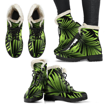 Green Neon Tropical Palm Leaves Faux Fur Leather Boots-JTAMIGO.COM