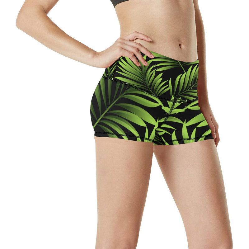 Green Neon Tropical Palm Leaves High Waisted Spandex Shorts-JTAMIGO.COM