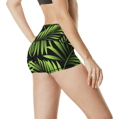 Green Neon Tropical Palm Leaves High Waisted Spandex Shorts-JTAMIGO.COM