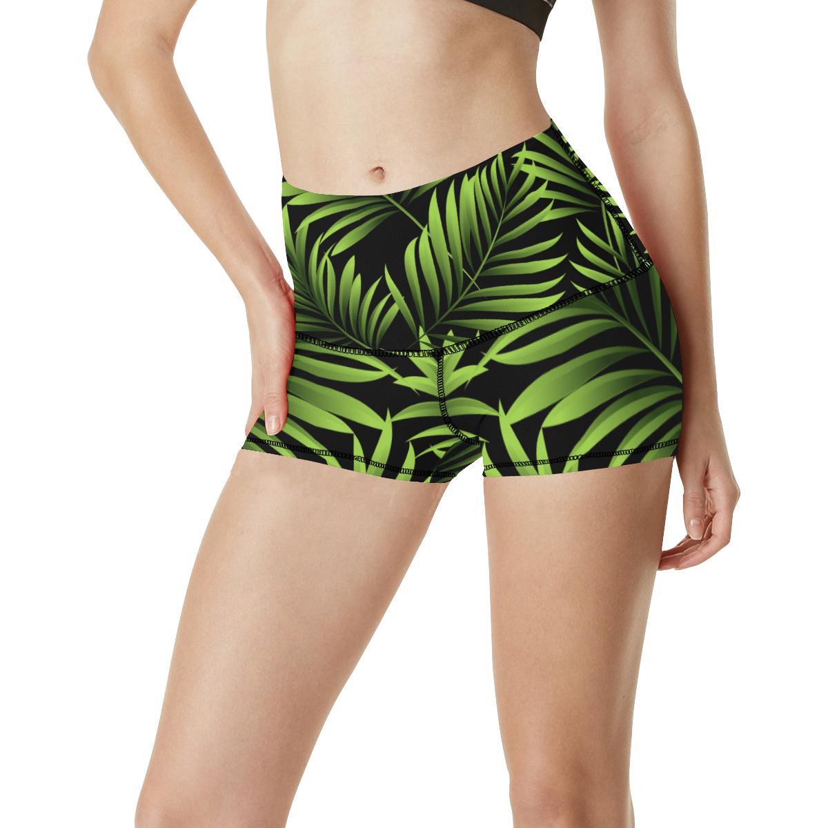 Green Neon Tropical Palm Leaves High Waisted Spandex Shorts-JTAMIGO.COM