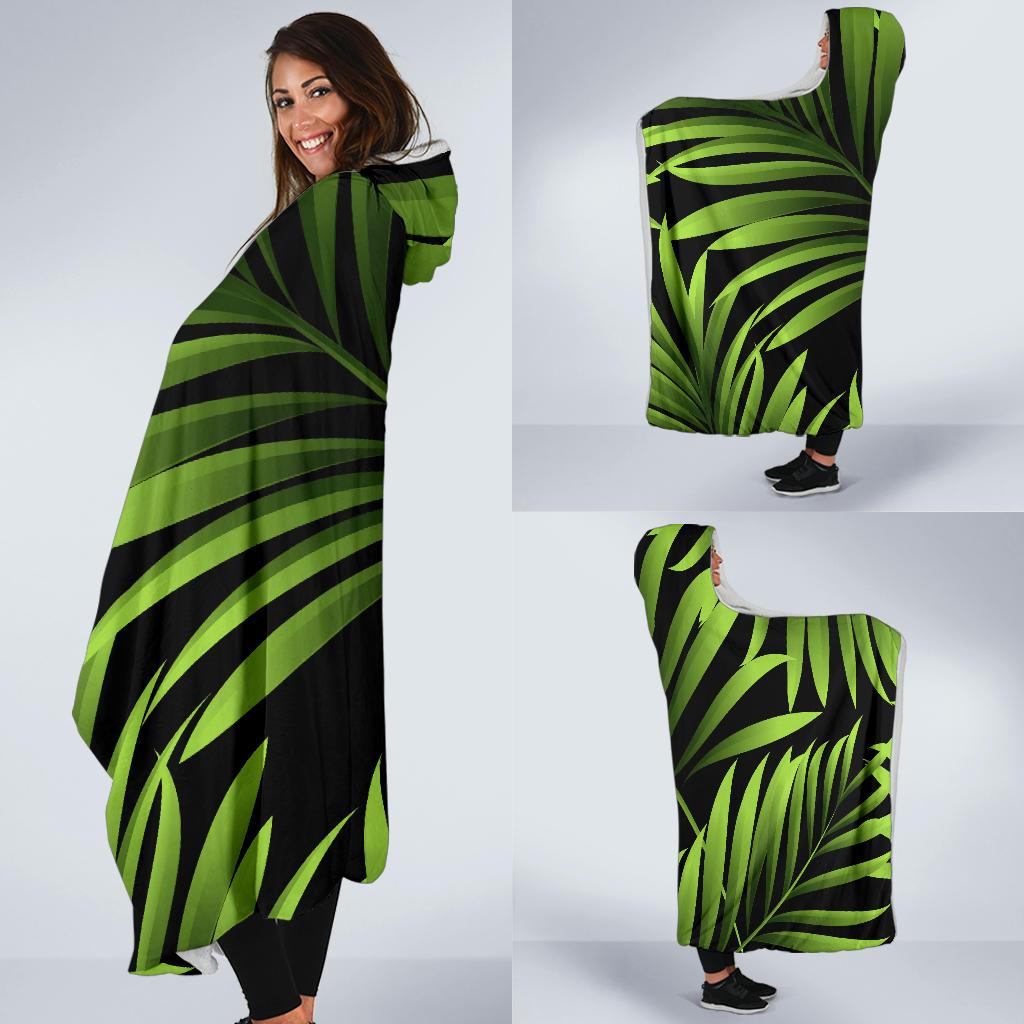 Green Neon Tropical Palm Leaves Hooded Blanket-JTAMIGO.COM
