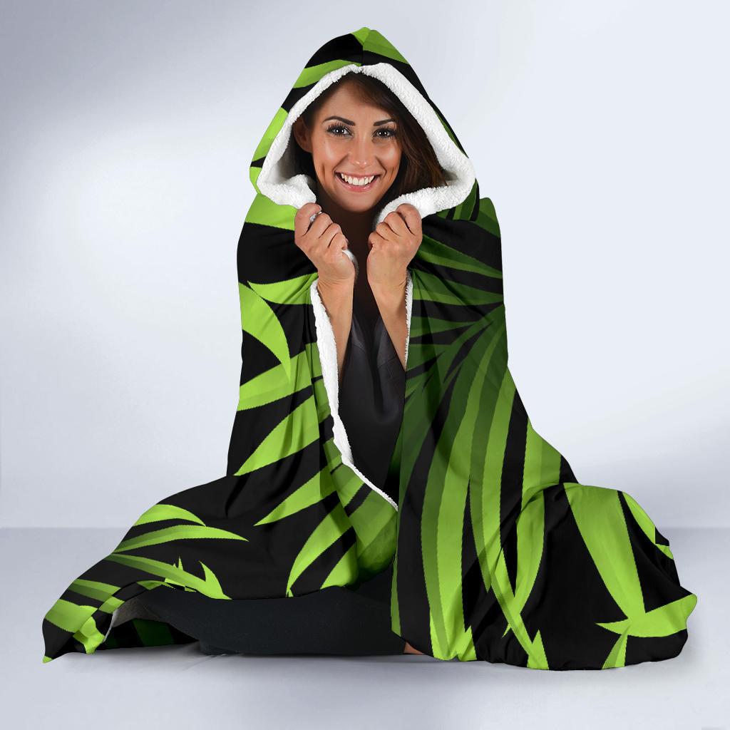Green Neon Tropical Palm Leaves Hooded Blanket-JTAMIGO.COM