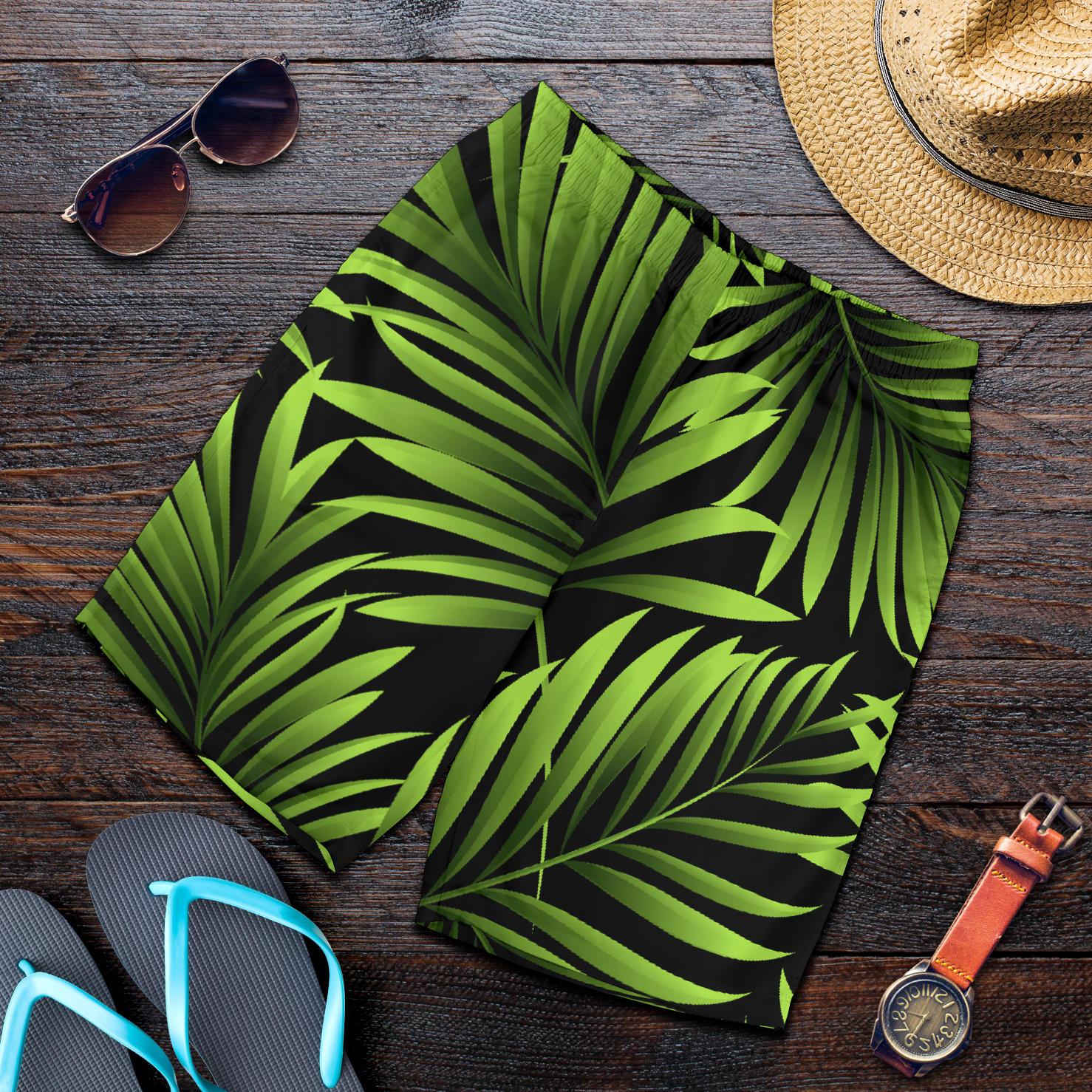 Green Neon Tropical Palm Leaves Mens Shorts-JTAMIGO.COM